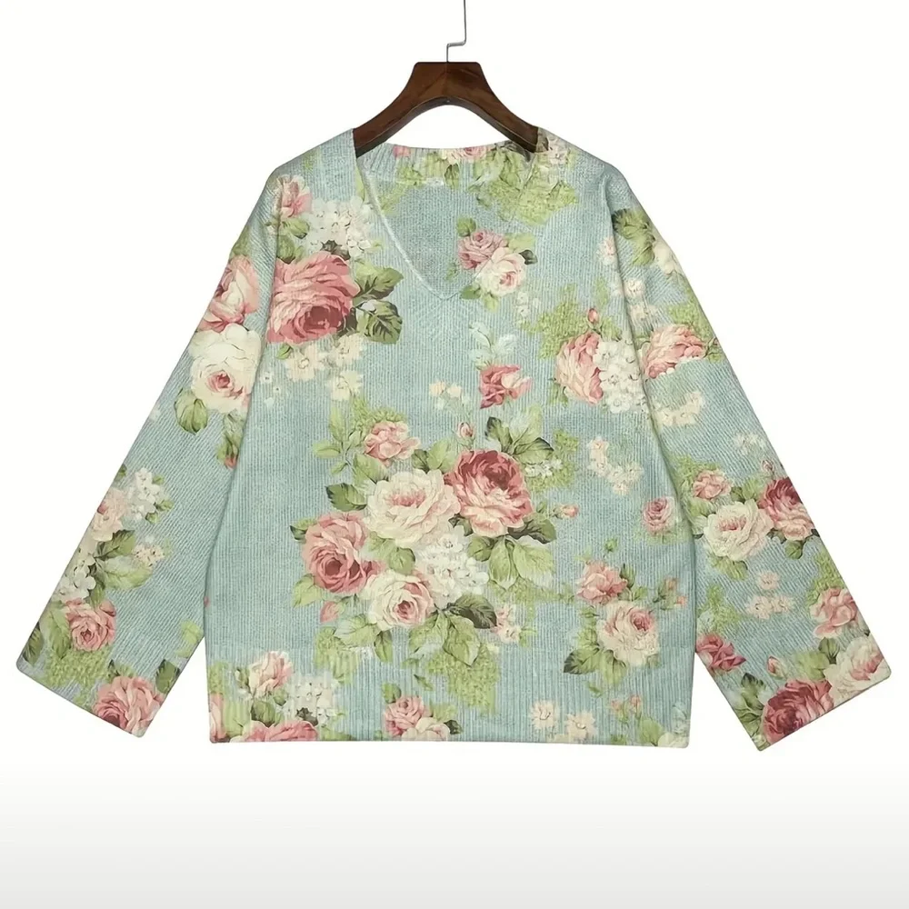 Floral Knit Sweater - Mint Green and Pink - Picture 2 of 4